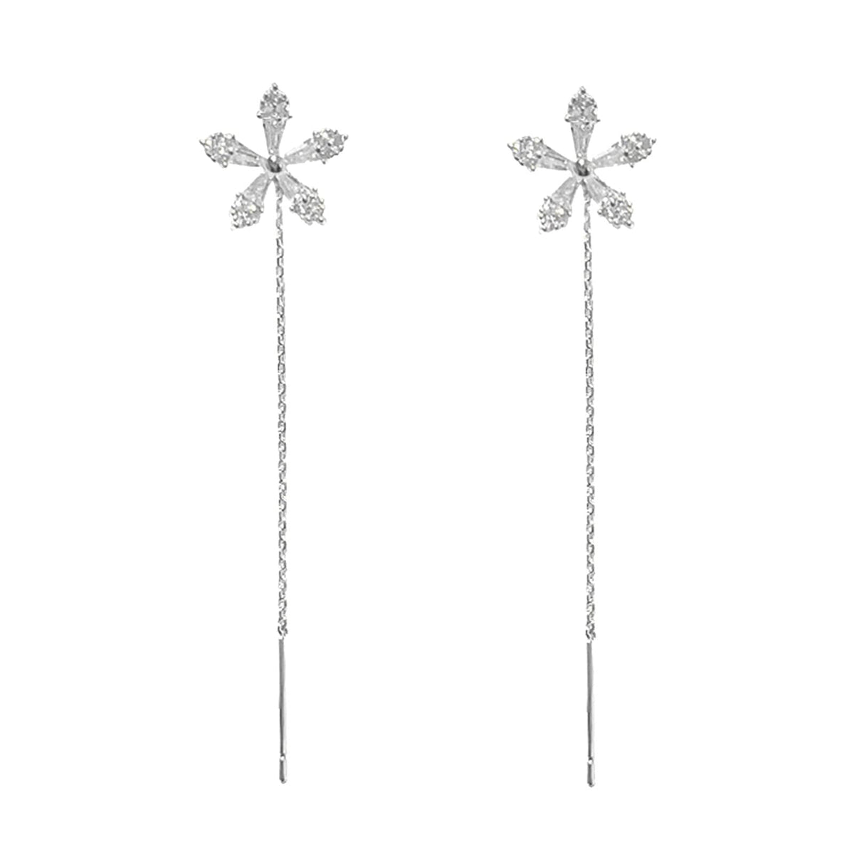 Ladies Silver Shiny Flower Rhinestone Ear Clip Thin Dangle Long Tassels Earrings