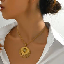 Load image into Gallery viewer, Ladies 18K Gold Plated Round Smooth Cutout Great Wall Earrings Necklace Set
