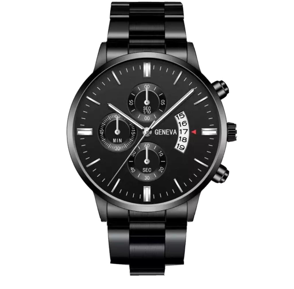 Mens Geneva Black Silver Stainless Steel Quartz Dial Analog Calendar Wrist Watch