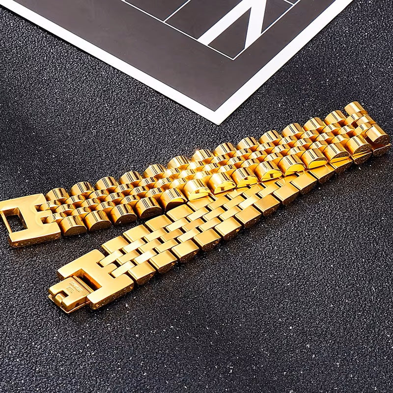 Mens Womens Gold Plated Stainless Steel Wide Strap Chunky Link Chain Bracelet