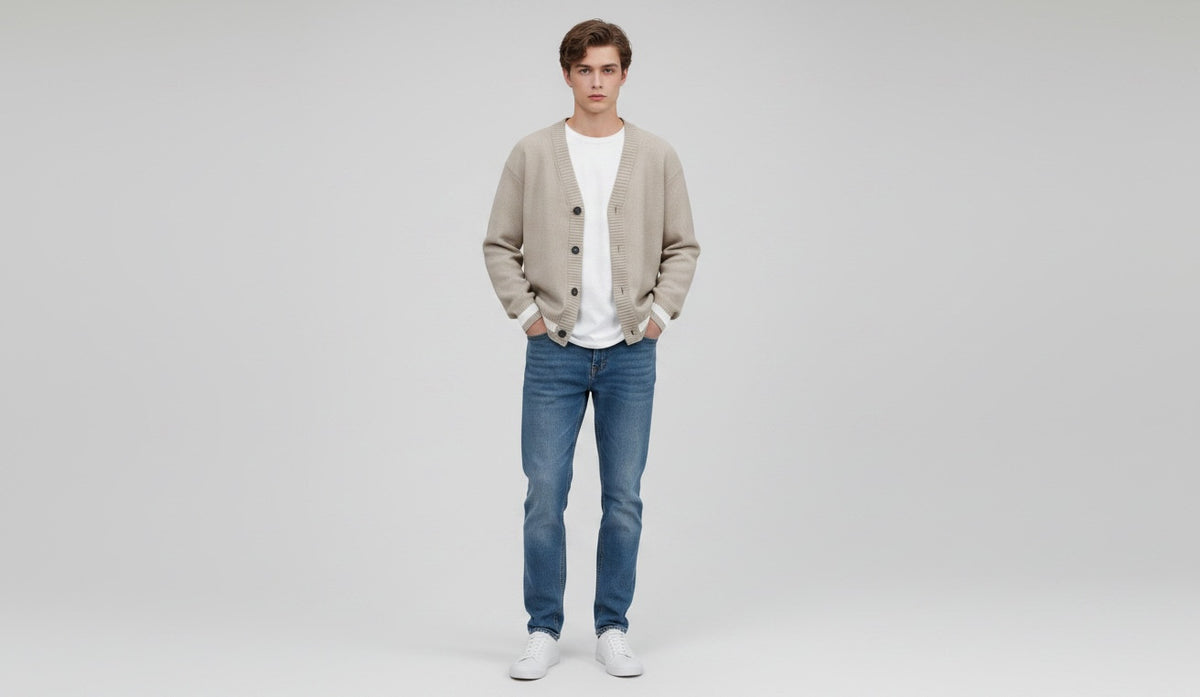 Mens Beige White Trim Cotton Rich V-Neck Longsleeve Cardigan
