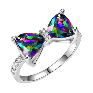 Ladies Sterling Silver Plated Sparkling Multi Color Diamond Cut Crystal Bow Ring