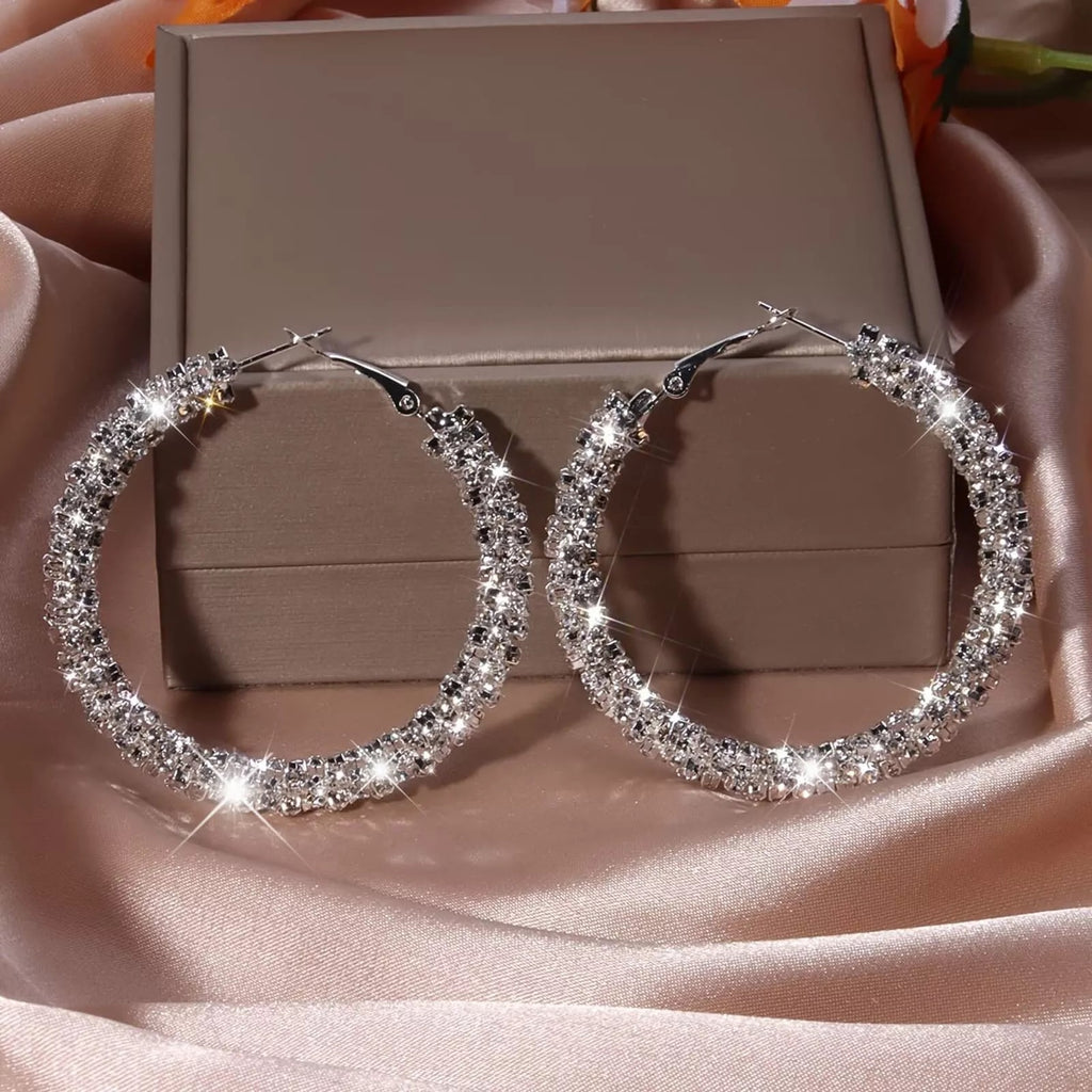 Ladies Elegant Silver Chunky Mesh Layered Dazzling Cut Clip Hoop Earrings