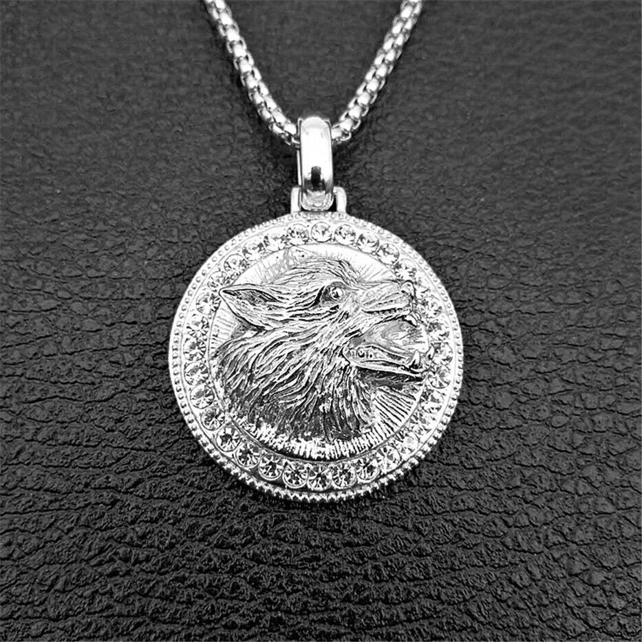 Mens Unisex Silver Roaring Wolf Head Crystals Solid Pendant Braid chain Necklace