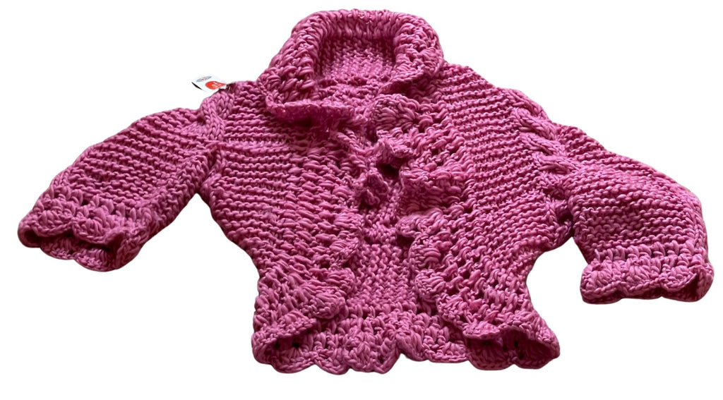 Girls Pink Soft Knitted Front Tie Handmade Crochet Scallop Edges Cardigan