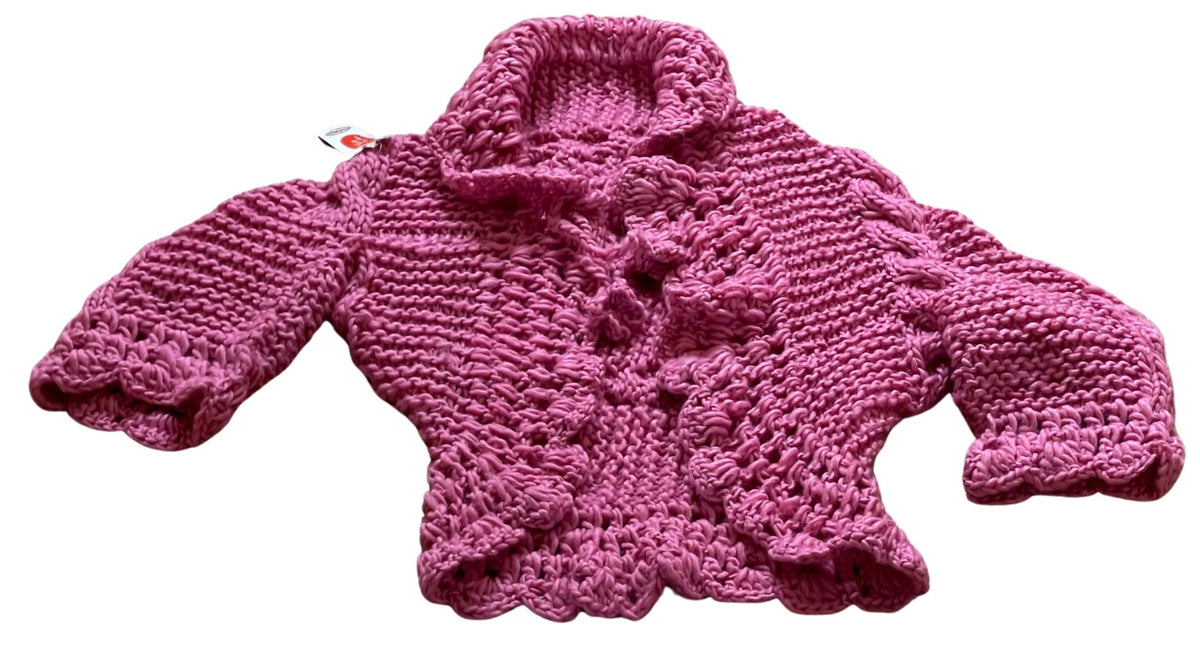 Girls Pink Soft Knitted Front Tie Handmade Crochet Scallop Edges Cardigan