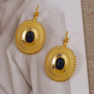 Ladies Gold Plated Round Patterned Blue Lapis Lazuli Leverback Earrings