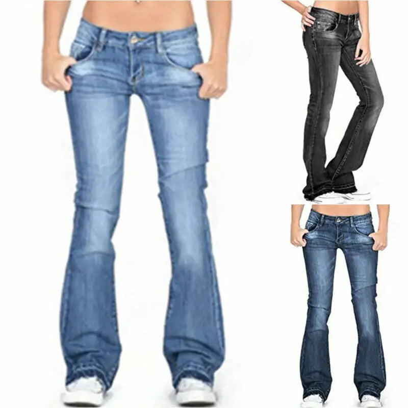 Ladies Low Waist Wash Crinkle Effects Stretchy Cotton Rich Bootcut Womens Jeans