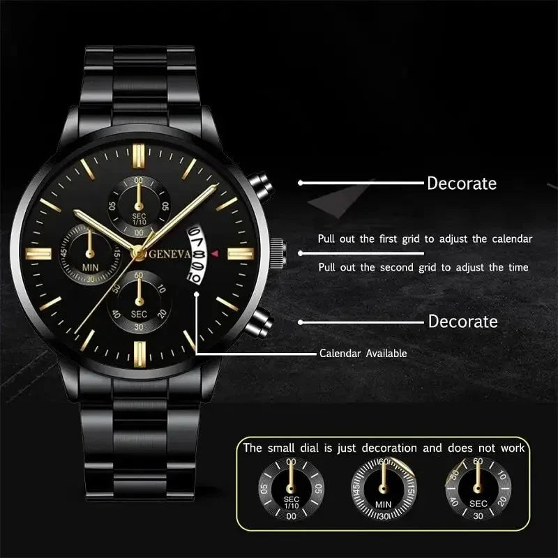 Men Geneva Luxury Black Gold Stainless Steel Calendar Analog Quartz Wrist Watch