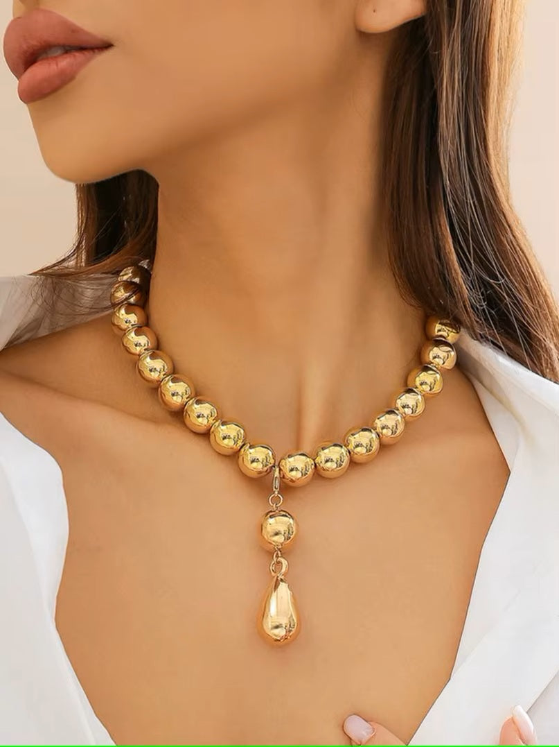 Ladies Gold Round Ball Bead Drop Pendant Chocker Necklace