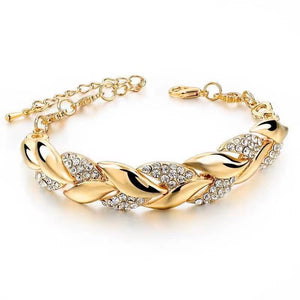 Ladies 18K Gold Plated Braided Leaf Crystal Fashion Bracelet Womens Handchain
