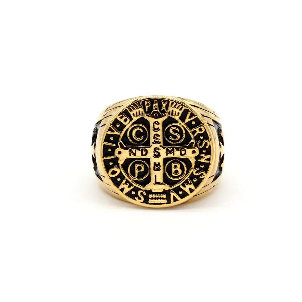 Mens Gold Plated Cross Faith Stainless Steel Protection Chunky Signet Gents Ring