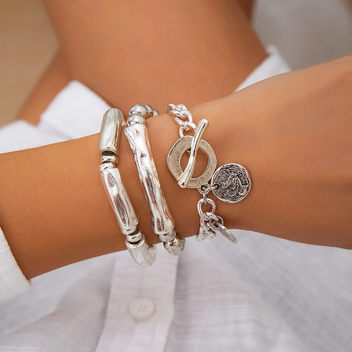Ladies Silver Plated Chunky Round Charm 3 Set Stackable Handchan Bracelet