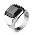 Mens Silver Stainless Steel Square Inlay Black Agate Stone Thick Band Ring