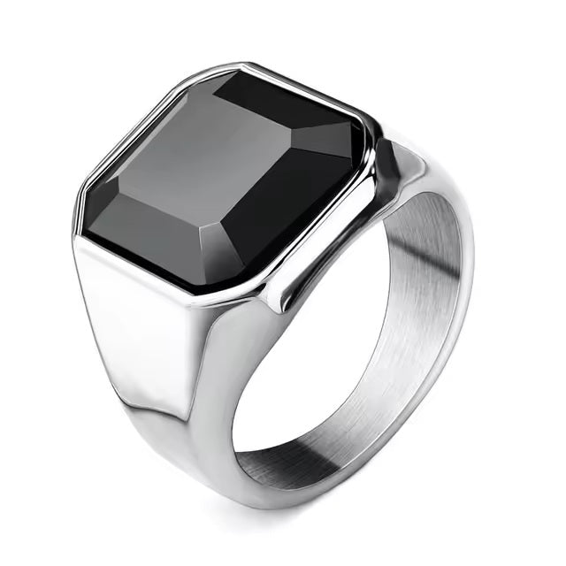 Mens Silver Stainless Steel Square Inlay Black Agate Stone Thick Band Ring