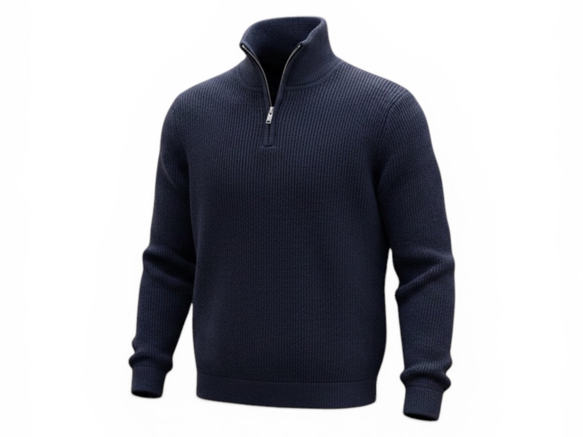 Men's Navy Ribbed Thick Knit High Neck Half Zip Longsleeve Warm Pullover Jumper