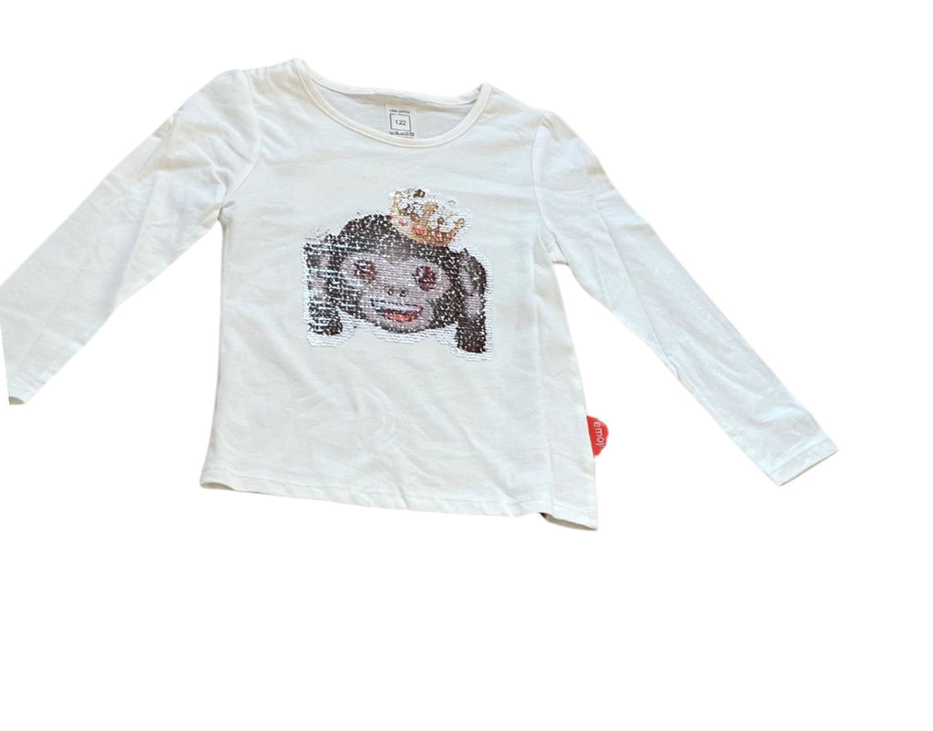 Girls Ivory Emoji Hear No Evil Sequins Cotton Long Sleeve Tunic Tops