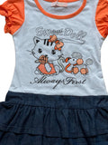 Girls Orange & White Sweet Doll Print Layered Frill Hem Cap Sleeve + Belt Dress