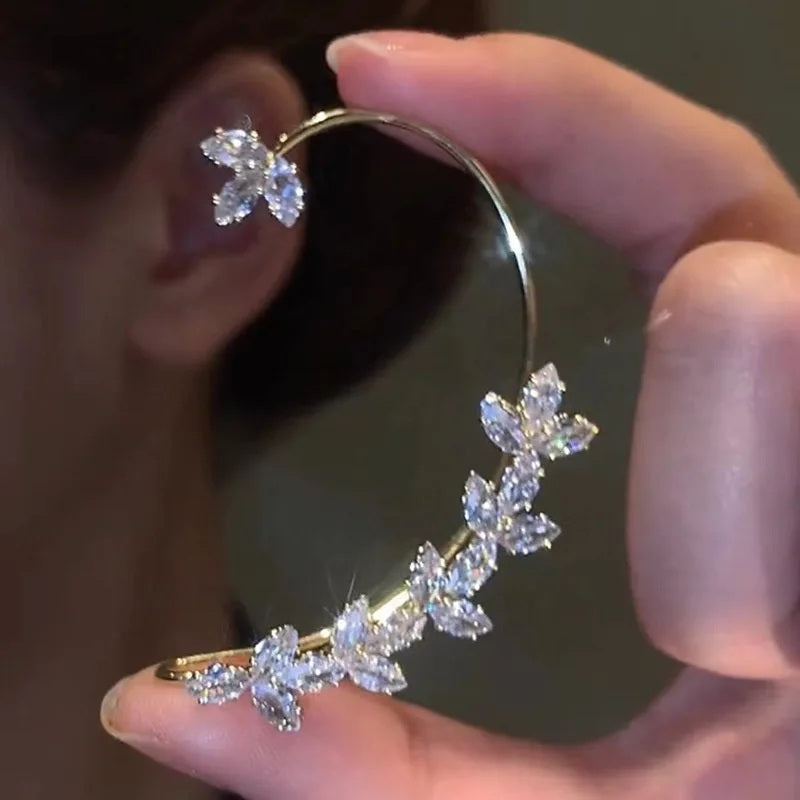 Ladies Silver Zircon Flower Leaves Crystal Clip Cuff Stud Drop Womens Earrings