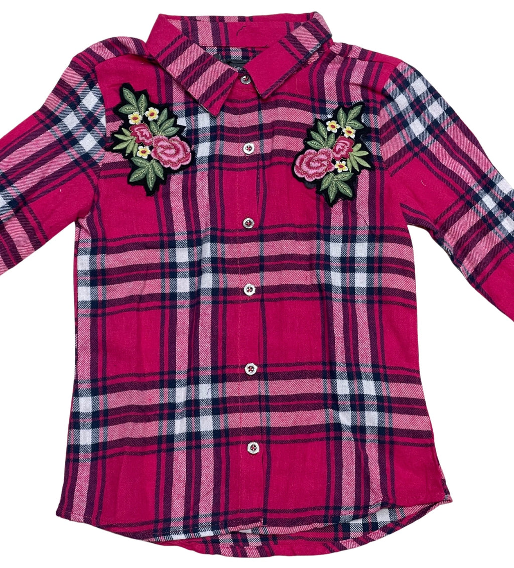 Girls Red Multi Check Soft Flannel Check Roll Up Sleeves