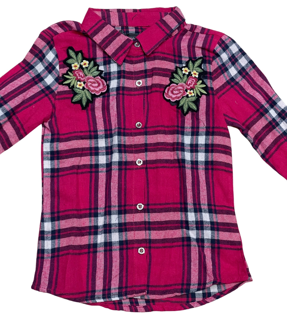 Girls Red Multi Check Soft Flannel Check Roll Up Sleeves