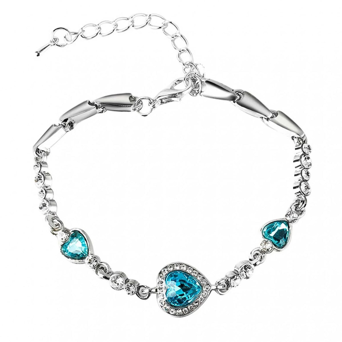 Ladies Silver Blue Heart White Mini Crystals Link Chain Dressy Party Bracelet