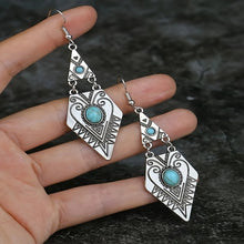 Load image into Gallery viewer, Ladies Silver Vintage Style Turquoise Middle Bead Triangle Hook Earrings
