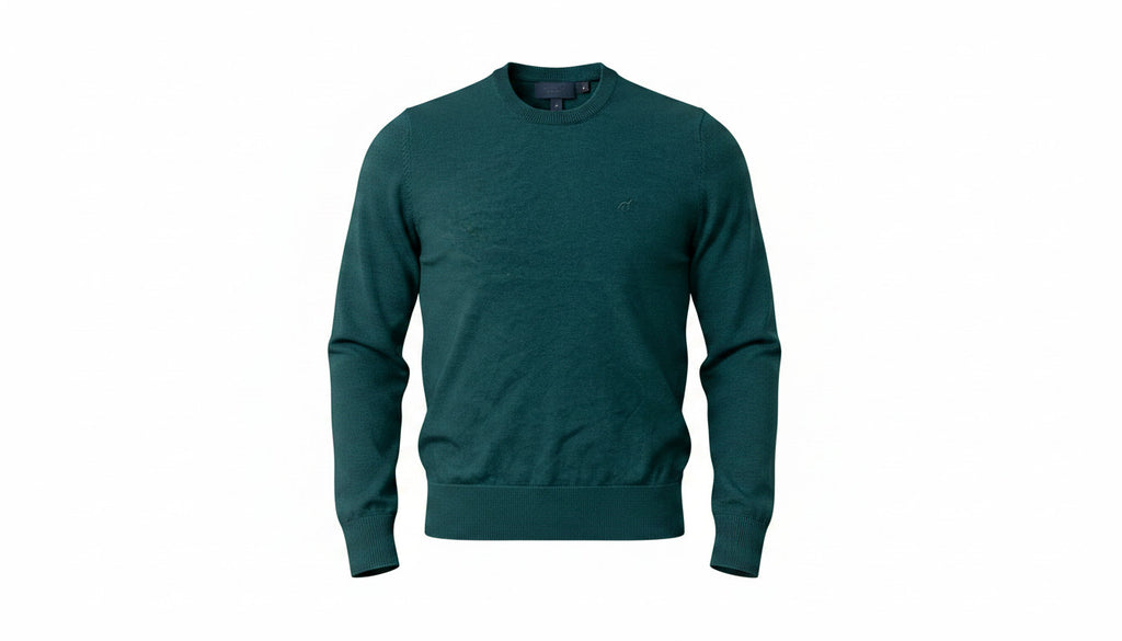 Mens Green Soft Knitted Lambswool Ribbed Crew Neck Longsleeve Jumper (Medium)