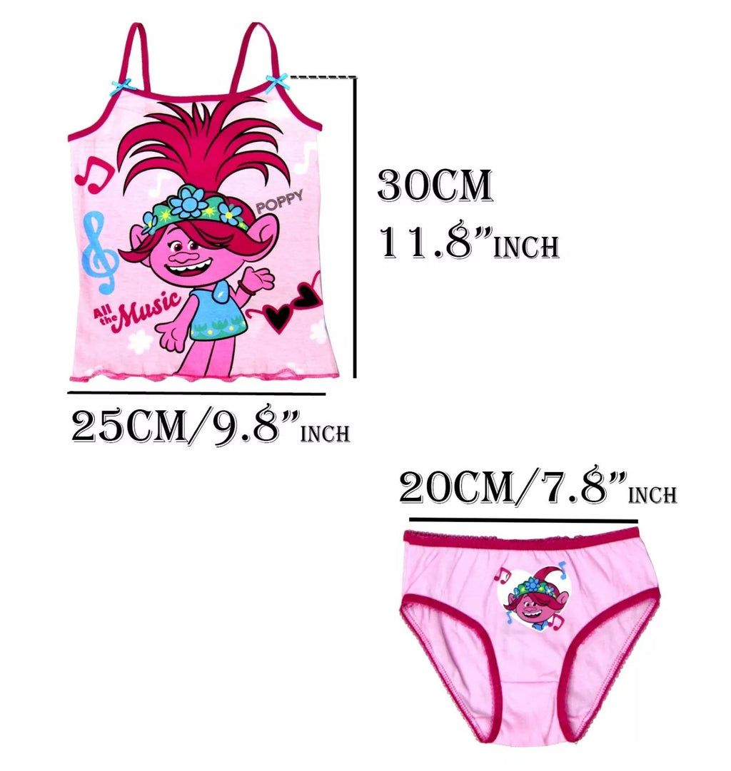 Girls Pink Trolls Soft Cotton 2Pk Sleeveless Vest Cami Top & Matching Brief Sets
