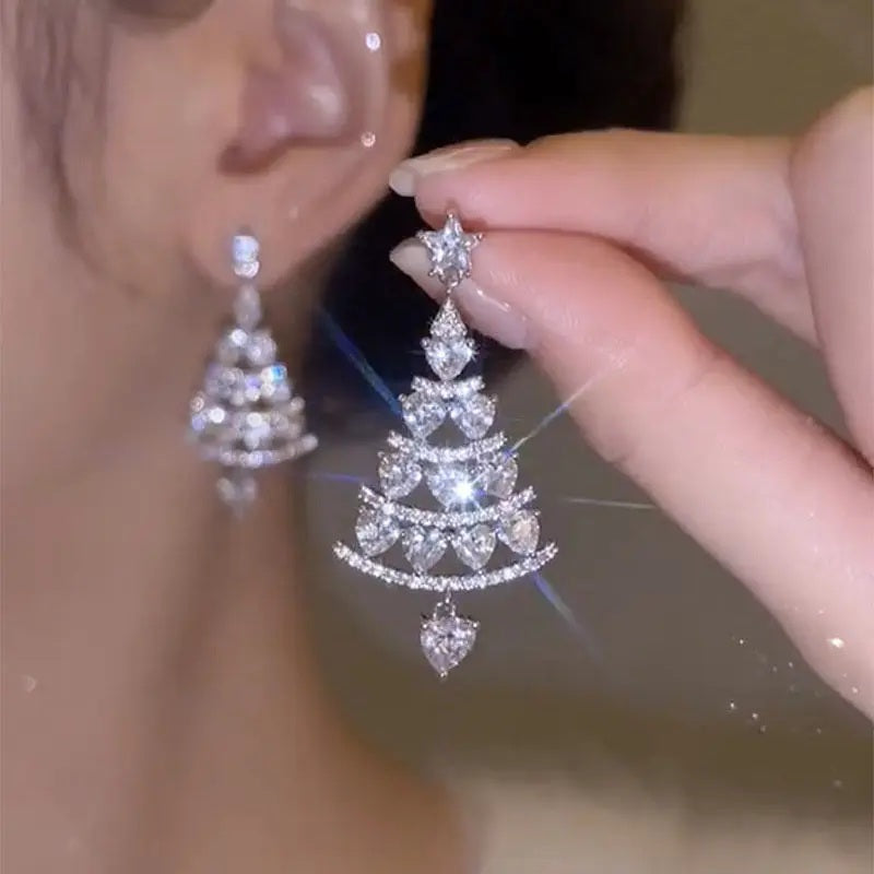 Ladies Silver Shiny Rhinestone Hollow Christmas Tree Festive Dangle Earrings