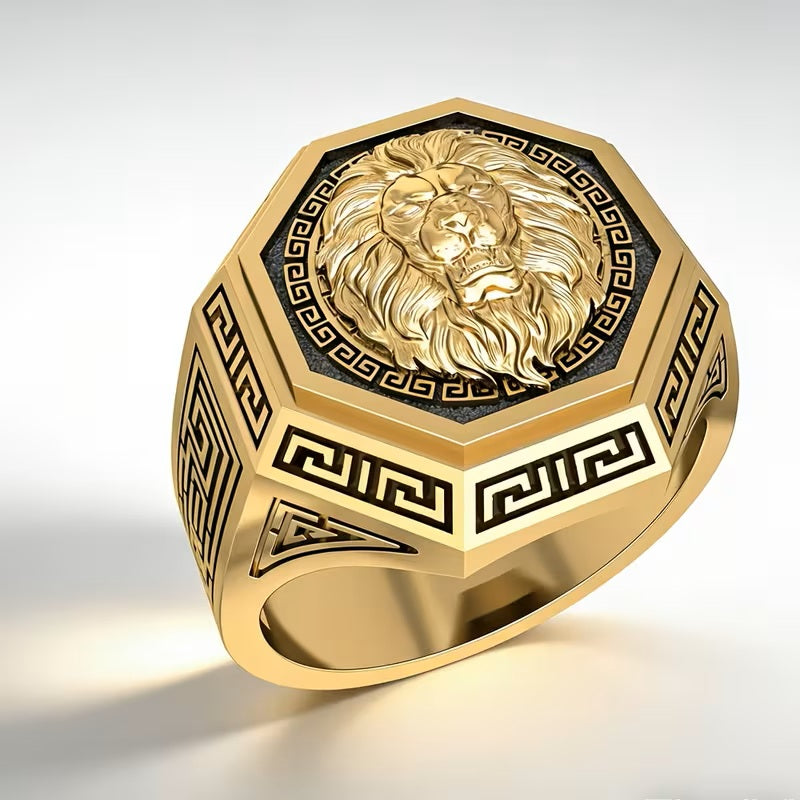 Mens Gold Plated Octagon Lion Head Great Wall Cut Design Stainless Steel Ring