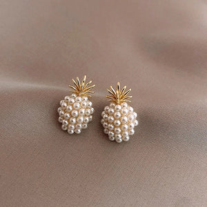 Ladies 18k Gold Plated Simulated Pearls Geometric Pineapple Shape Stud Earring