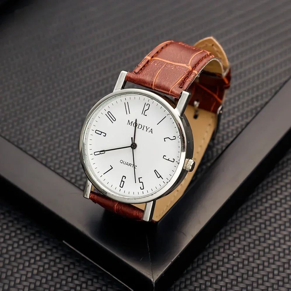 Mens Luxury Leather Strap Quartz Analog Stainless Steel Pin Buckle Wrist Watch (A)