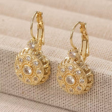 Load image into Gallery viewer, Ladies Gold Plated Round Floral Design White Synthetic Zirconia Hook Earrings.
