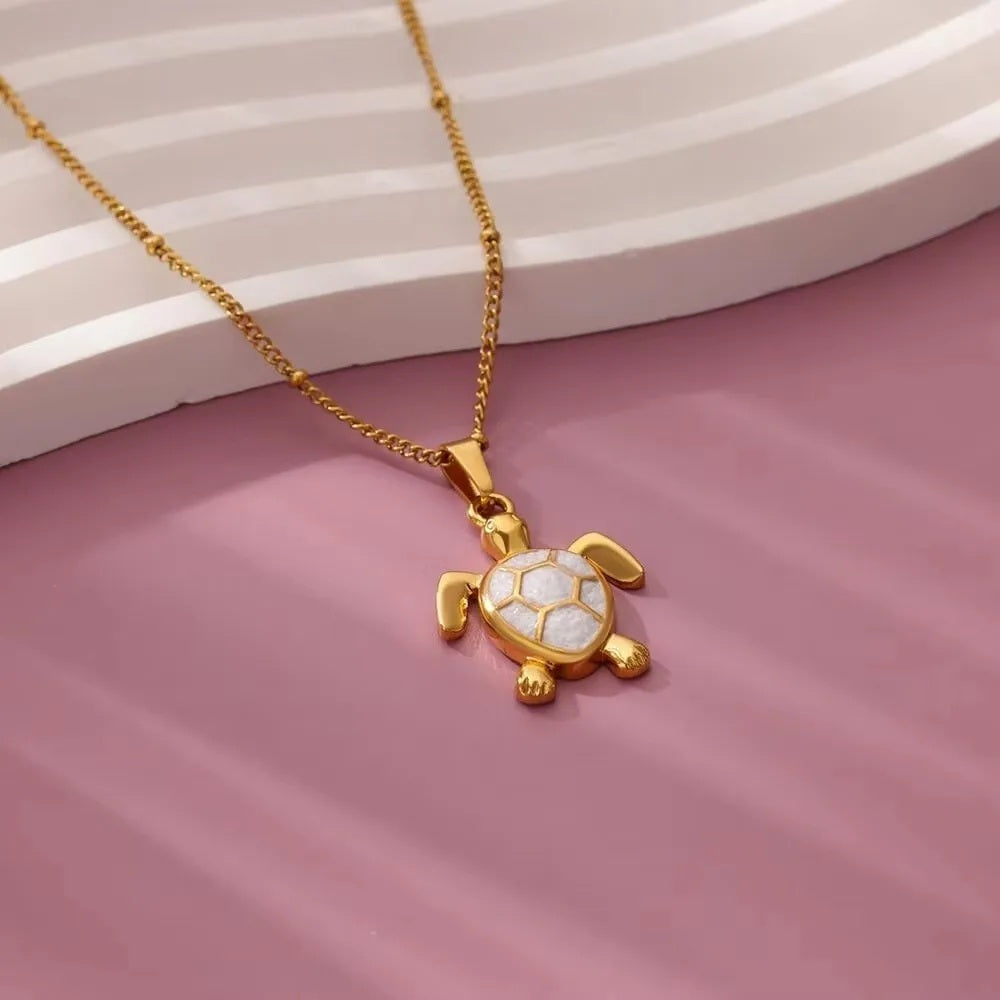 Unisex Gold Plated Opal Stone Cute Stainless Steel Turtle Pendant Chain Necklace