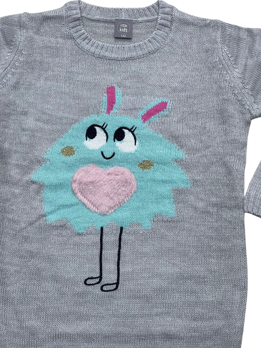 Girls Grey & Blue Marl Dolly Fluffy Heart Long sleeve Jumper