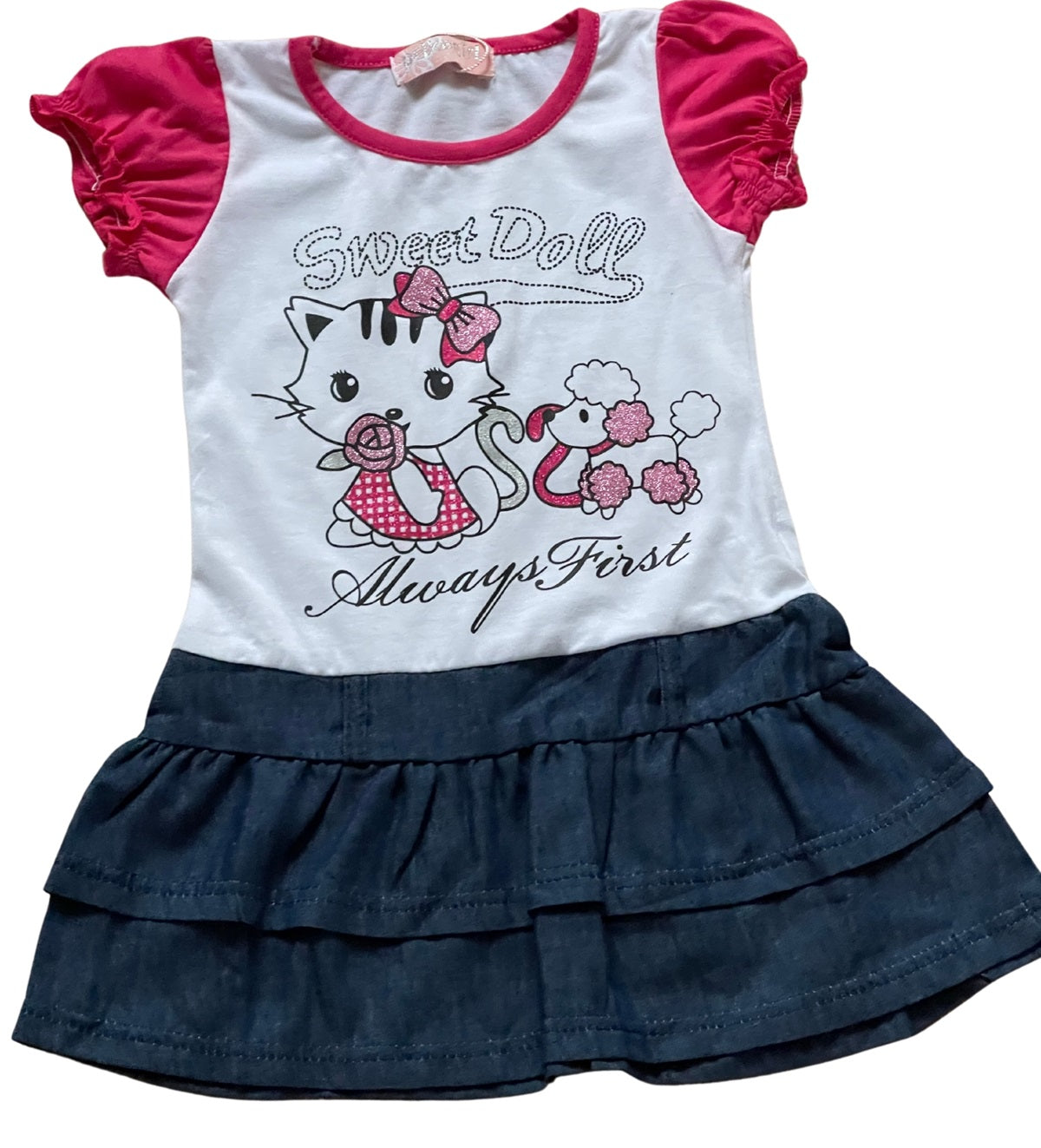 Girls Cerise & White Sweet Doll Print Plus Belt Dress