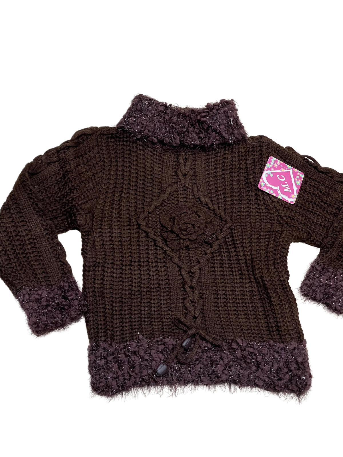 Girls Brown Cable Knit Beaded Ribbed Roll Up Frills Metallic Hem Jumpers