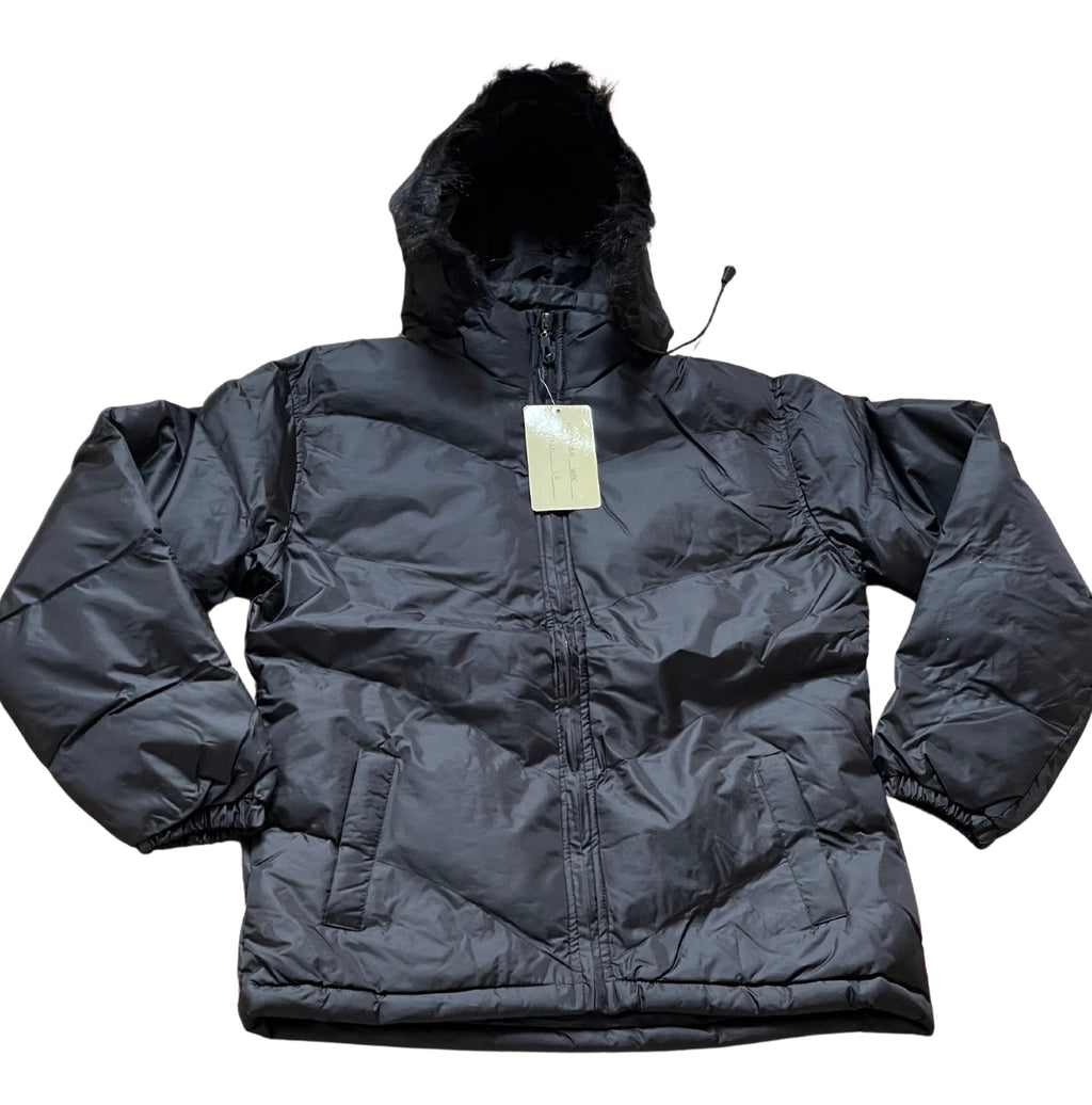 Ladies Black Faux Fur Trim Removeable Hood Winter Coat