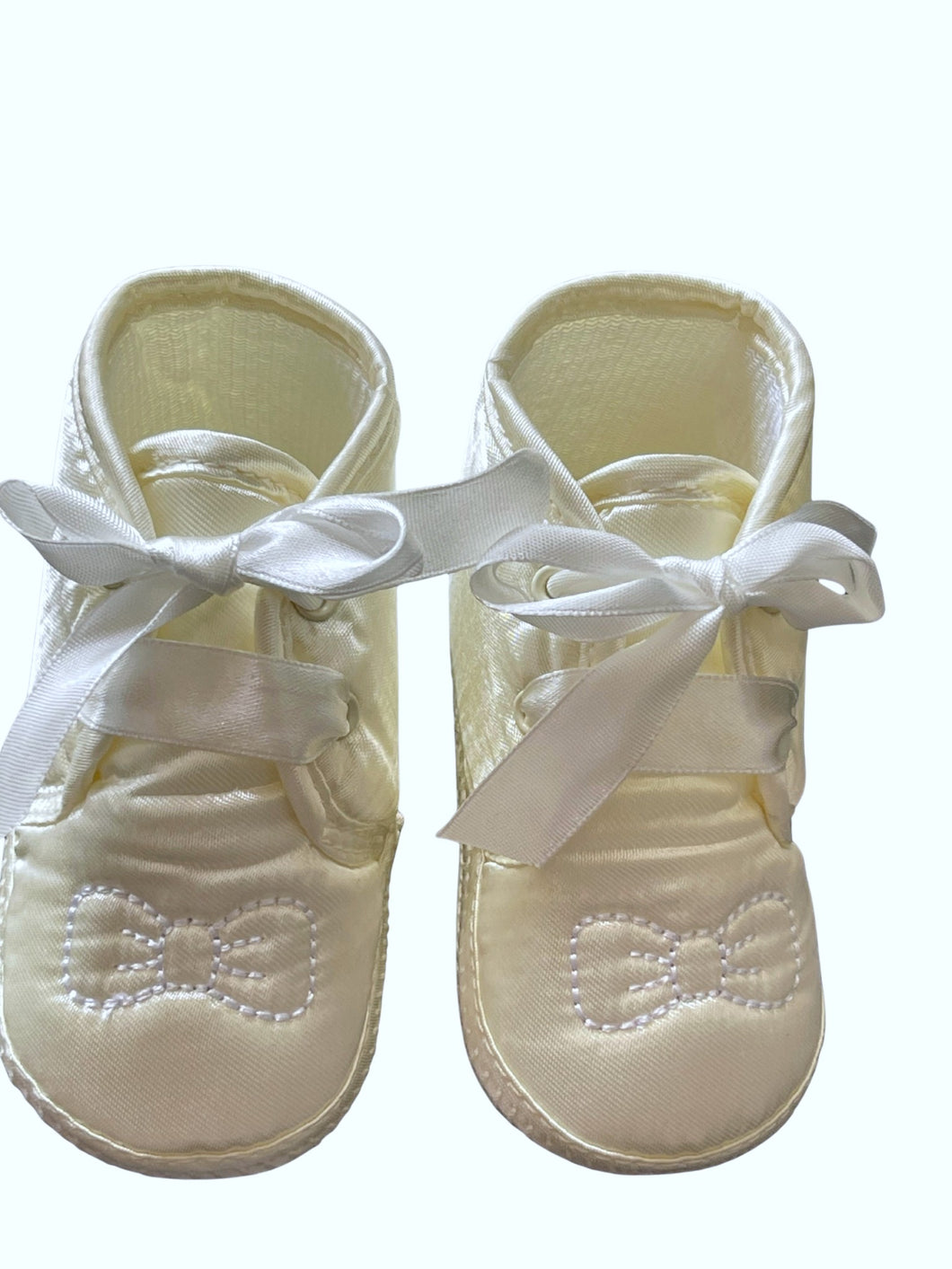 Baby Unisex Ivory Bow Tie Ribbon Christening Baptism Satin Soft Footie Pram Shoe