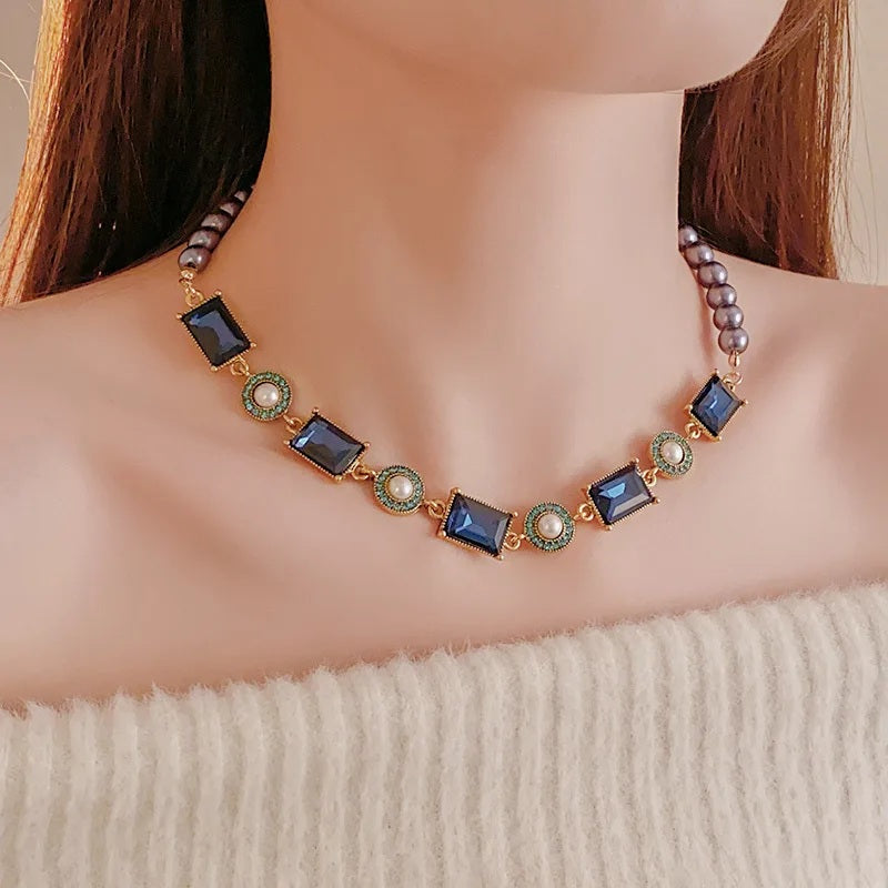 Ladies Blue Green Square Crystals Bead Chain Necklace Earrings 3 Pce Set Choker