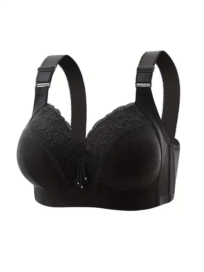Ladies Black Floral Lace Firm Support Non-Wired Padded Full Cup Bra 36D