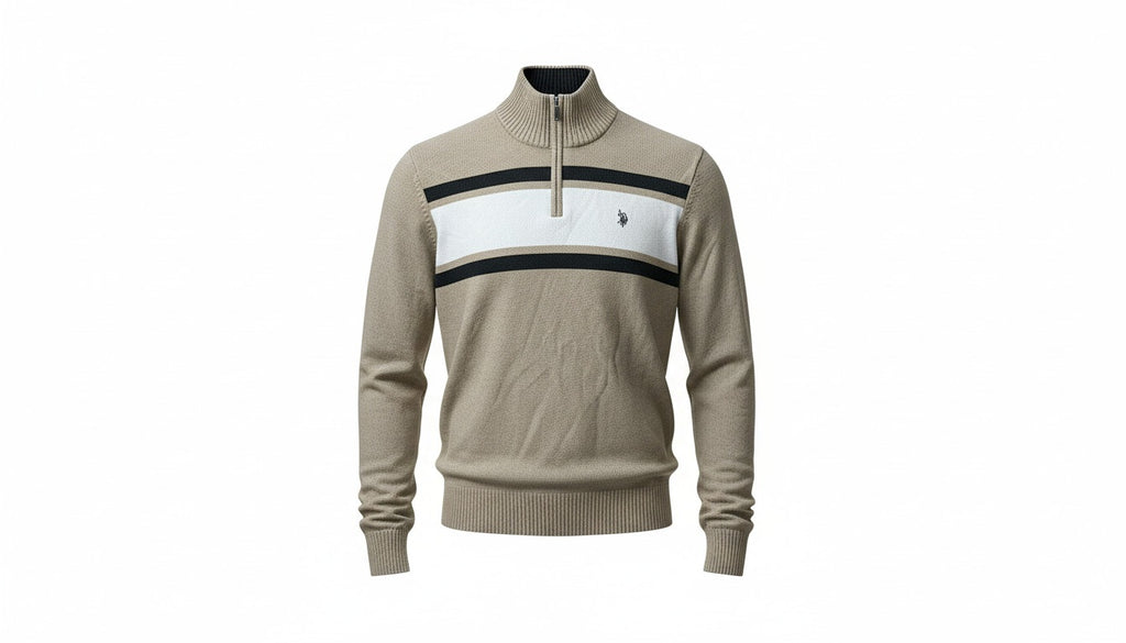 Mens U.S Polo Assn Beige Brown High Neck Zip Up Tight Knit Long Sleeve Jumper