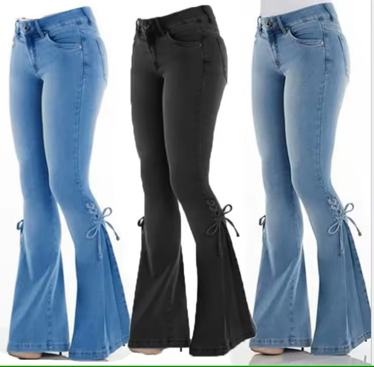 Ladies High Waist Stretchy Flare Hem Side Tie Jeans