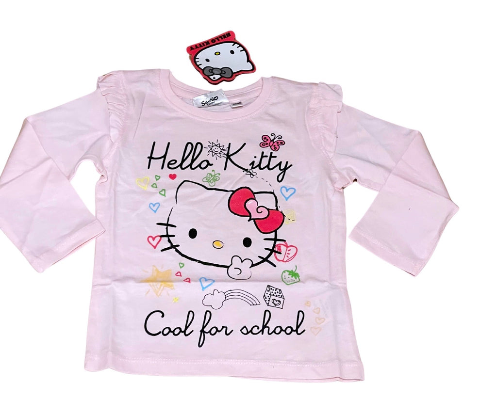 Girls Hello Kitty Pink Grey Cotton Frill Shoulder Long sleeve Casual Blouse Tops