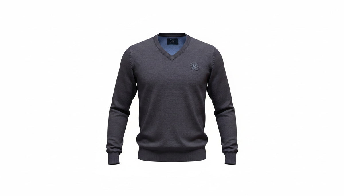 Mens Dark Grey Ombre Ribbed V-Neck Soft Knitted Jumper