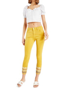 Ladies Mustard Faux Mirror Sequin Embroidery Hem Cropped Trousers