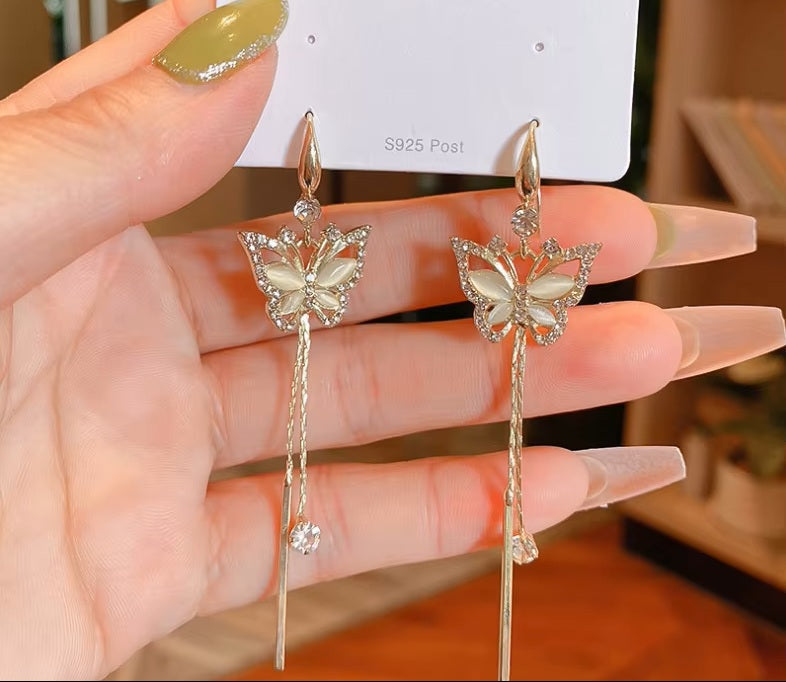Ladies Elegant Gold Plated Butterfly Micro Pave Cubic Long Tassel Drop Earrings