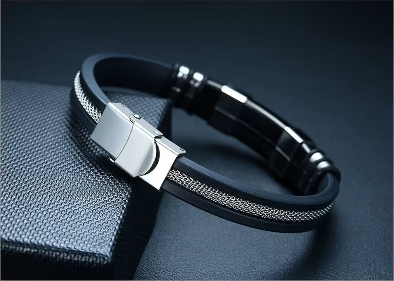 Mens Black Stainless Steel Silicone Mid Mesh Insert Bar Magnetic Clasp Bracelets