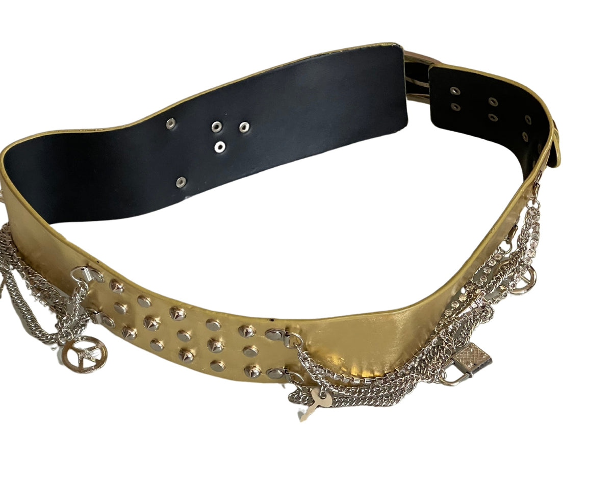 Ladies Gold Classic Wide Faux Leather Metallic Studded & Drop Chain Crystal Belt